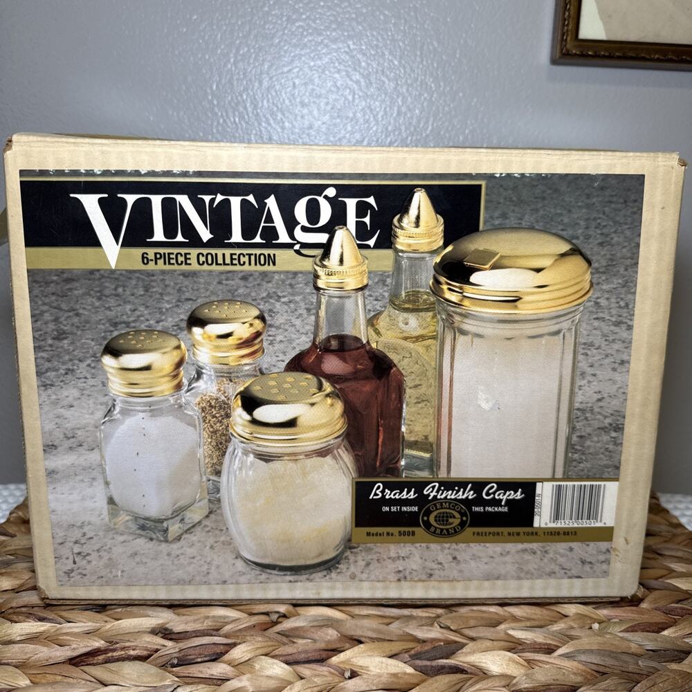 Vintage GEMCO 6 Pc Oil Vinegar Sugar Salt Pepper Set Brass Lid NEW Old Stock